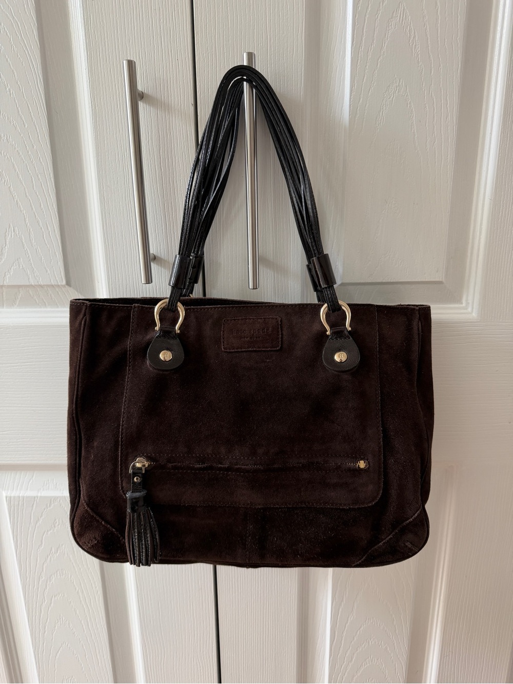 kate spade Dark Brown Suede Shoulder Bag with Black Handles
